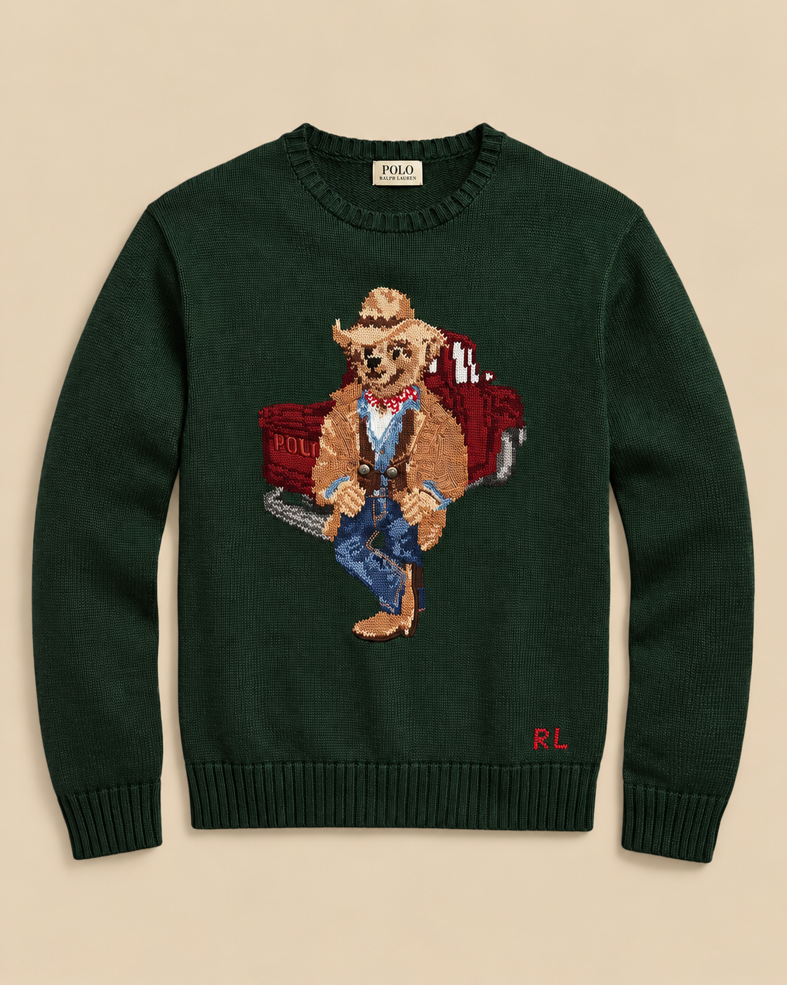 Suéter de algodón Verde Oliva con Polo Bear