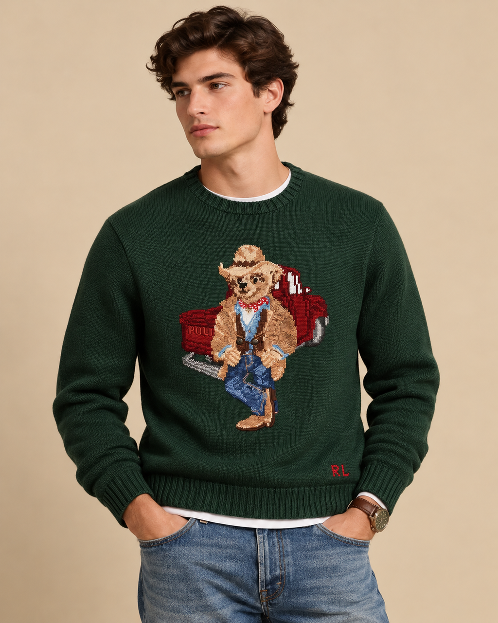 Suéter de algodón Verde Oliva con Polo Bear